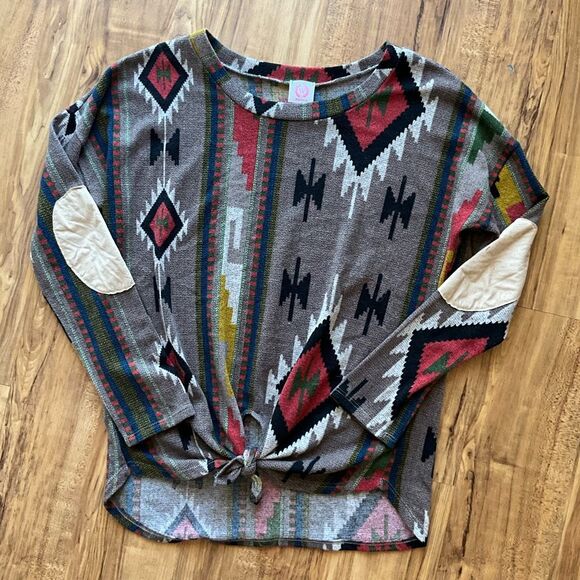 Wanna B Womens Aztec Tie Front Multicolor Long Sleeve Sweater Size Large - Picture 9 of 13